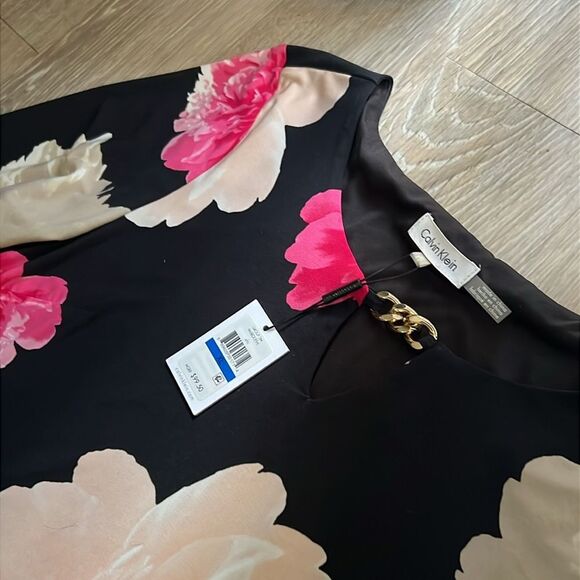 NWT Calvin Klein Floral Black Dress Pink Cream Stretch Knit Key Hole Chain XL - Picture 10 of 10